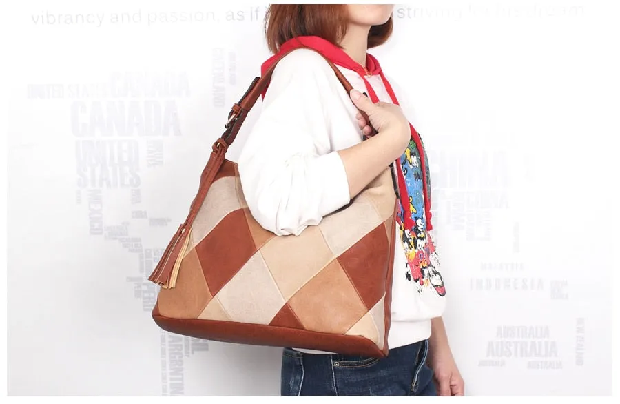 Women's Autumn Patchwork PU Leather Tote Handbag