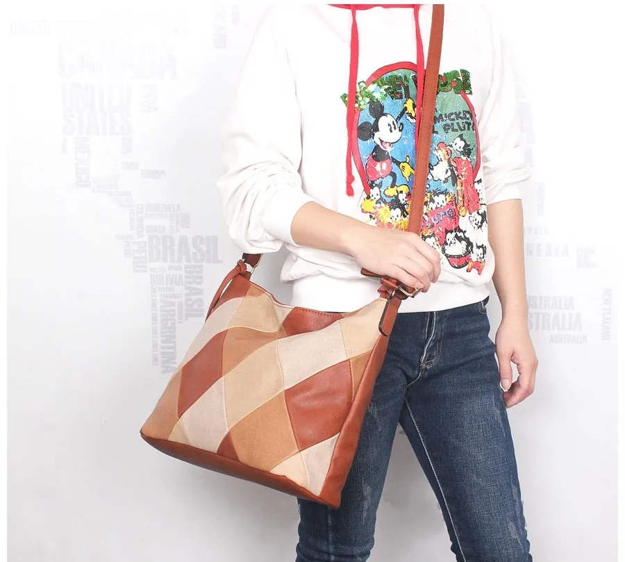 Women's Autumn Patchwork PU Leather Tote Handbag