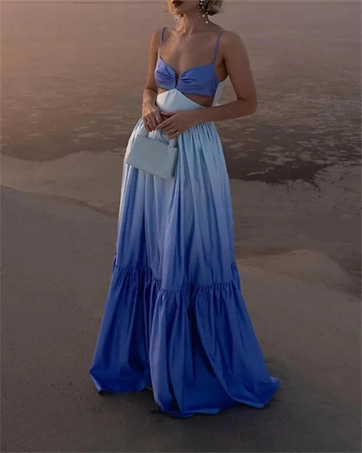 Women's Gradient Color Tiered Slip Midi Dress Holiday Wind Hollow Out Breast Wrap Dress Beachwear
