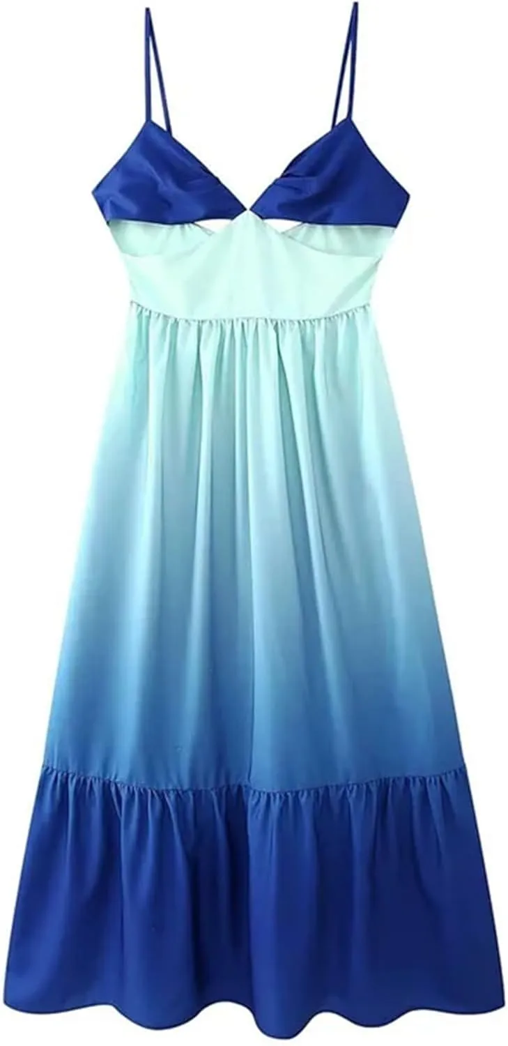 Women's Gradient Color Tiered Slip Midi Dress Holiday Wind Hollow Out Breast Wrap Dress Beachwear