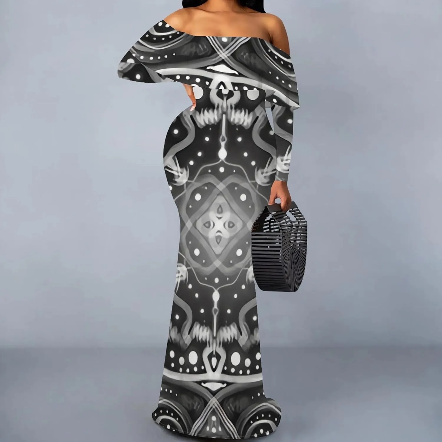 Women's Off Shoulder Maxi Dress Casual Sexy Floral Long Sleeve Bodycon Evening Party Long Dress Elegant Tight Formal Dresses
