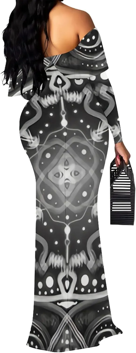 Women's Off Shoulder Maxi Dress Casual Sexy Floral Long Sleeve Bodycon Evening Party Long Dress Elegant Tight Formal Dresses
