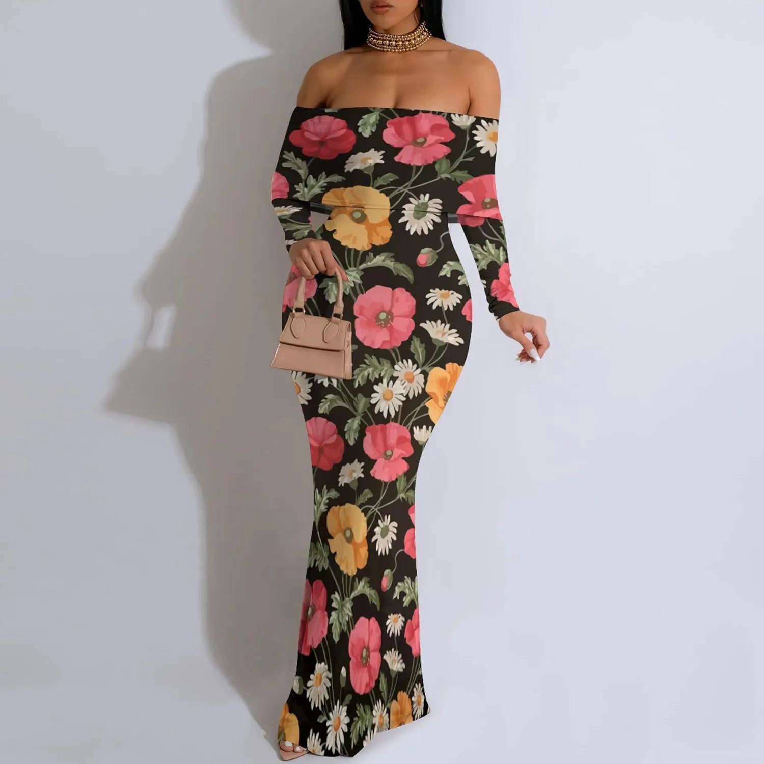 Women's Sexy Maxi Dress Long Sleeve Off Shoulder Bodycon Evening Formal Dress Cocktail Party Dress