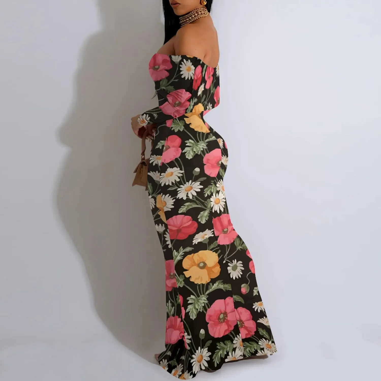 Women's Sexy Maxi Dress Long Sleeve Off Shoulder Bodycon Evening Formal Dress Cocktail Party Dress