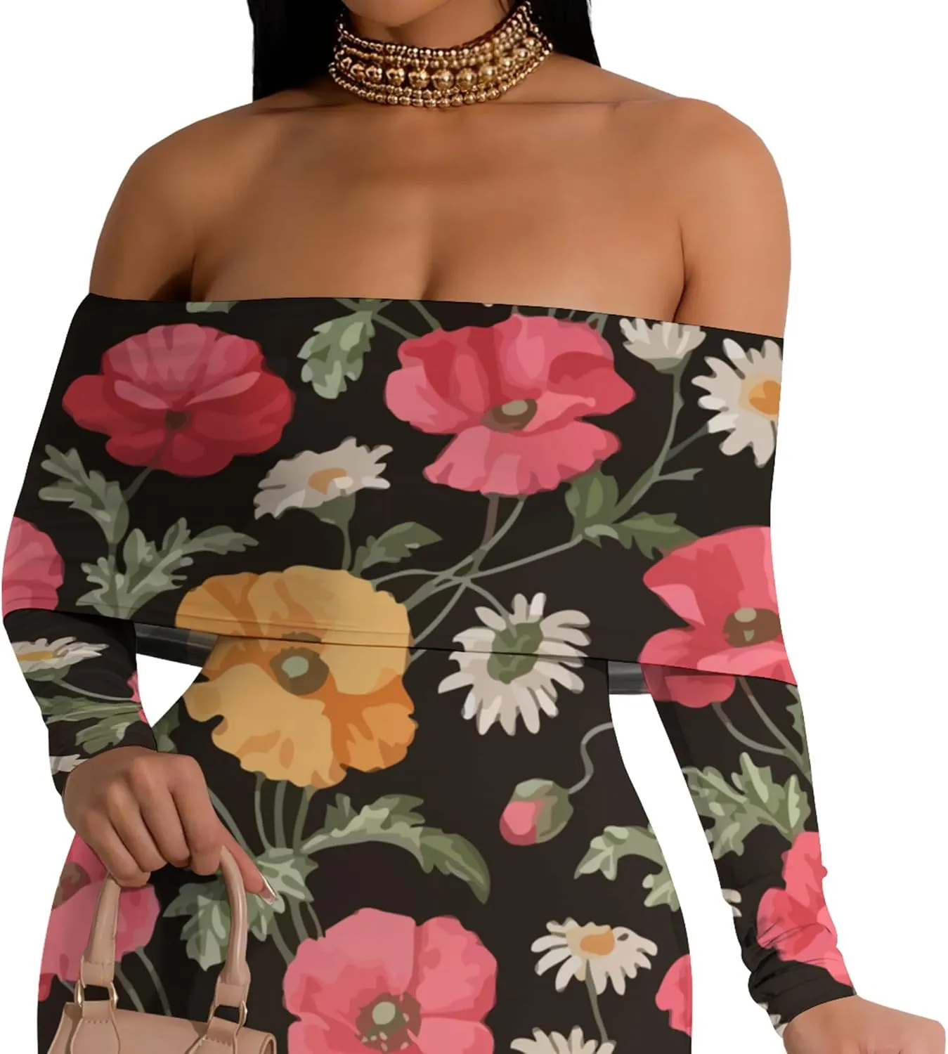 Women's Sexy Maxi Dress Long Sleeve Off Shoulder Bodycon Evening Formal Dress Cocktail Party Dress