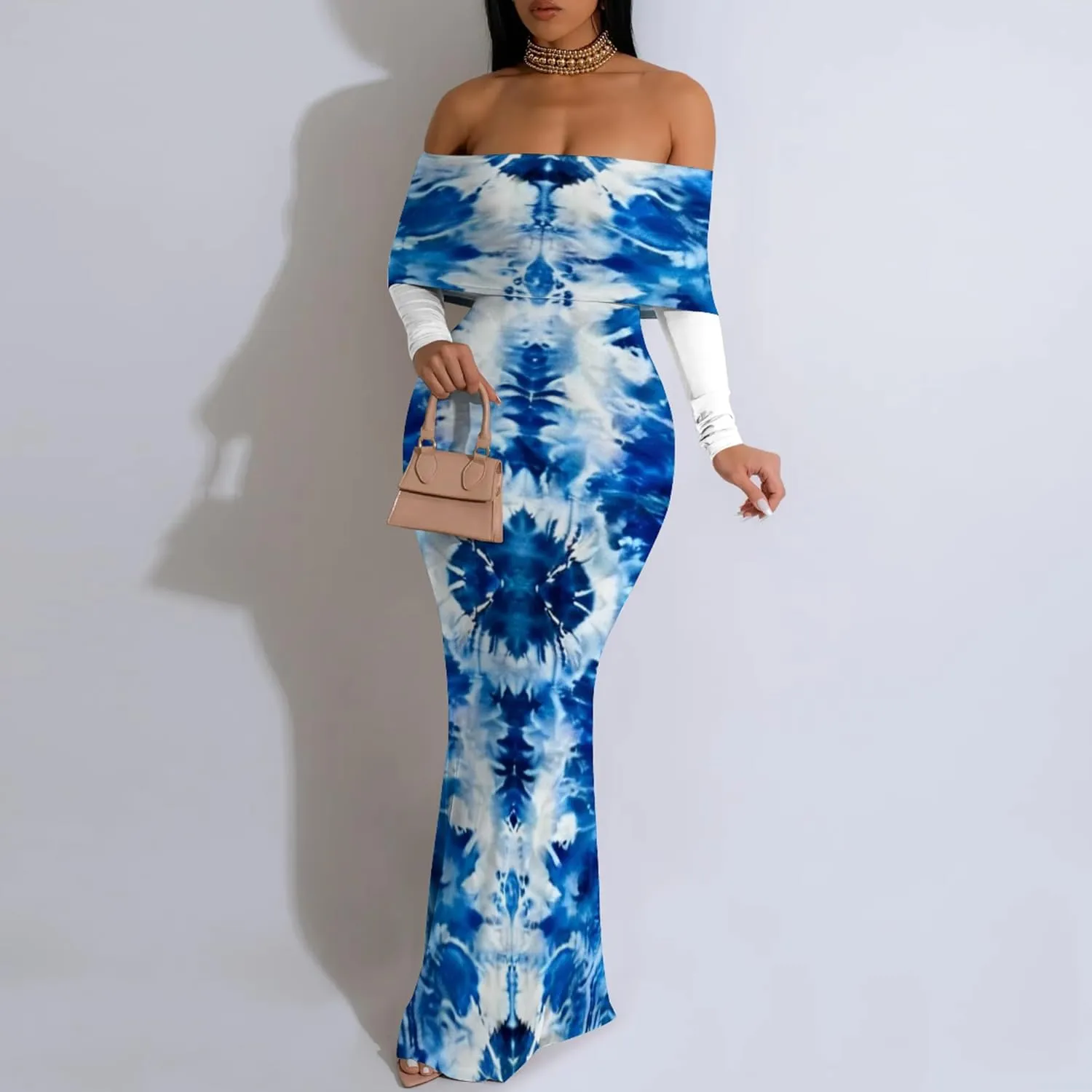 Women's Sexy Maxi Dress Long Sleeve Off Shoulder Bodycon Evening Formal Dress Cocktail Party Dress