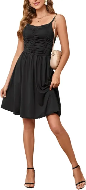 Yajedo Womens Summer Casual Sundress Spaghetti Strap Sleeveless Ruched Beach A Line Midi Dress