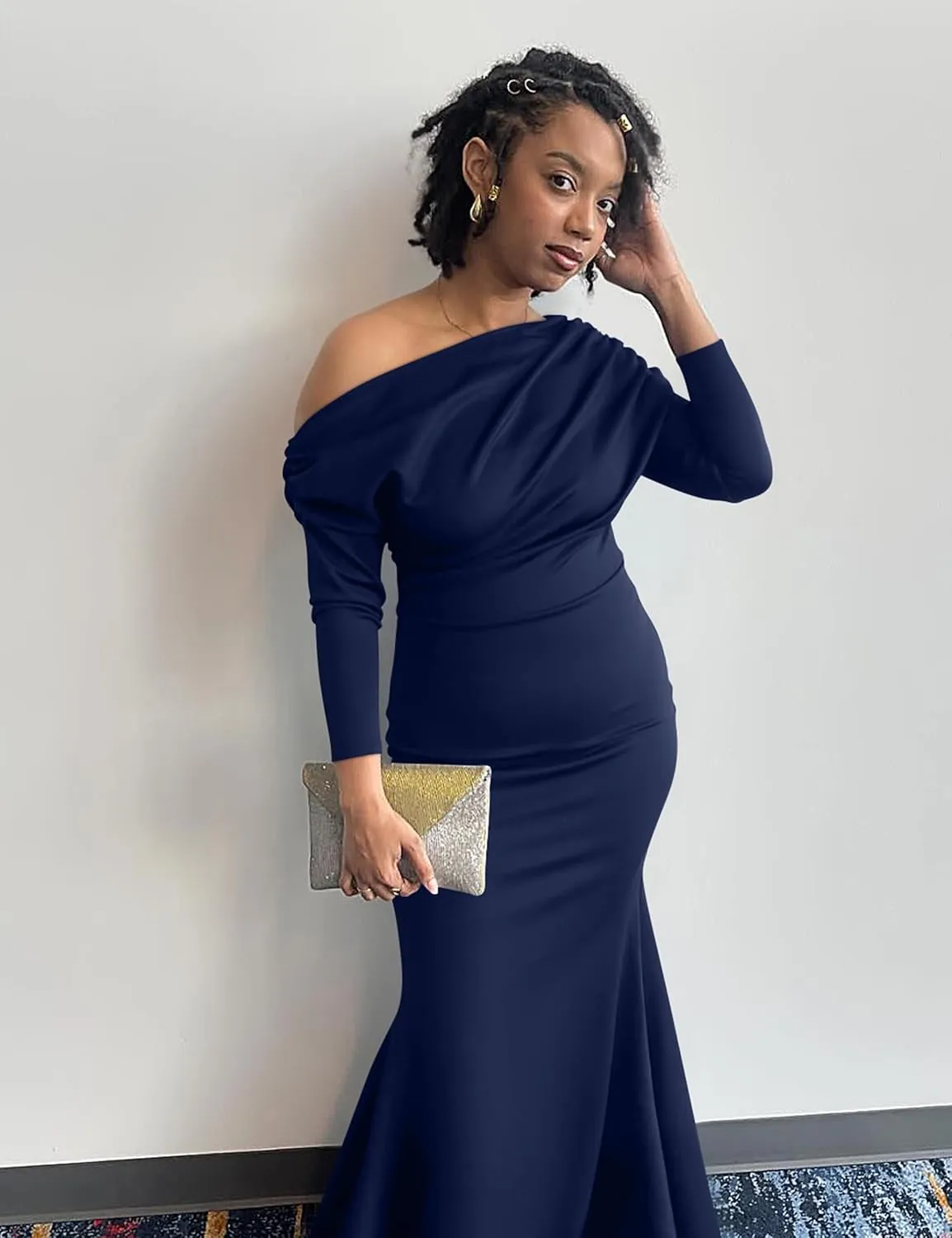 YMDUCH Women's Sexy Elegant Long Sleeve Off Shoulder Bodycon Long Evening Formal Dress