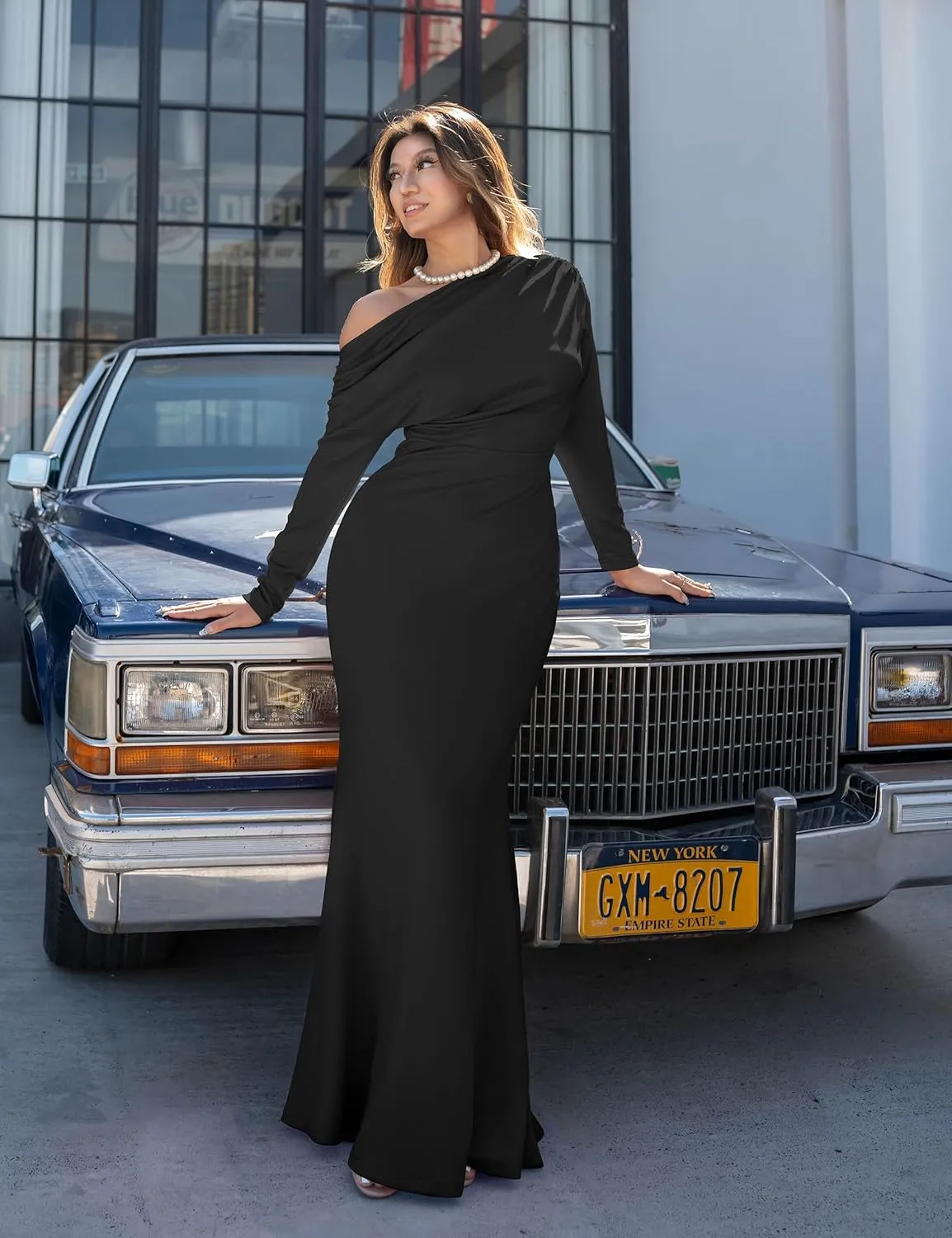 YMDUCH Women's Sexy Elegant Long Sleeve Off Shoulder Bodycon Long Evening Formal Dress