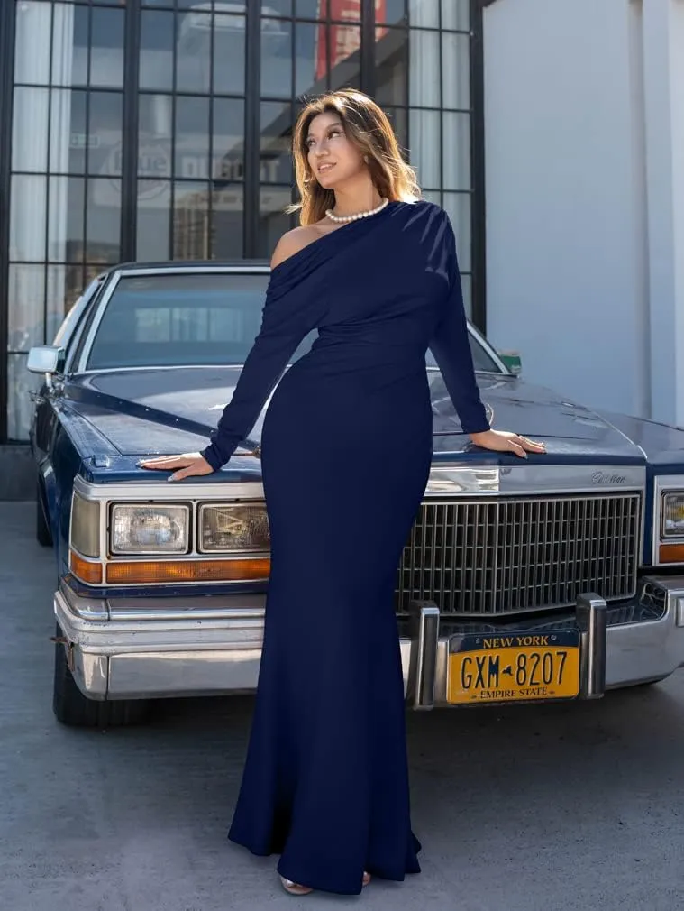 YMDUCH Women's Sexy Elegant Long Sleeve Off Shoulder Bodycon Long Evening Formal Dress