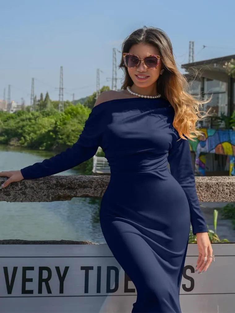 YMDUCH Women's Sexy Elegant Long Sleeve Off Shoulder Bodycon Long Evening Formal Dress